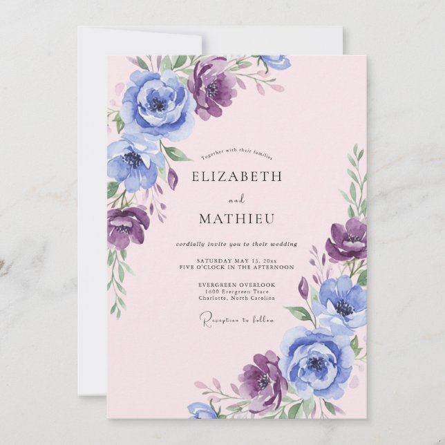 Blue Purple Floral Romantic Wedding Invitation (Front)