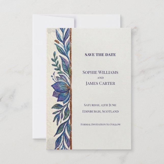 Blue Purple Floral Save The Date Card (Front)