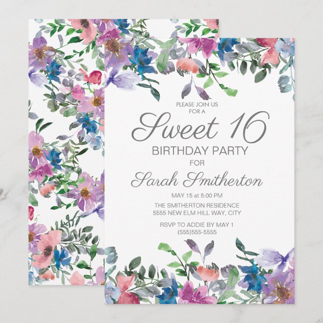 Blue Purple Floral Sweet 16 Birthday Party Invitation (Front/Back)