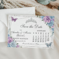 Blue Purple Floral Twins Sweet 16 Quince Calendar