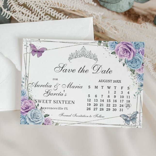 Blue Purple Floral Twins Sweet 16 Quince Calendar Save The Date (Creator Uploaded)