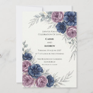 Blue Purple Floral Wedding Invitation