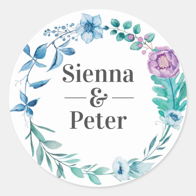 Blue purple floral wedding name stickers (Front)
