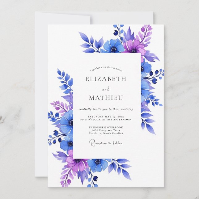 Blue Purple Floral Whimsy Wedding Invitation (Front)