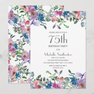 Blue Purple Floral Women's 75th Birthday Invitation