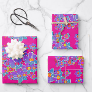 Blue Purple Flower Burst Hot Pink Gift Wrapping Paper Sheet