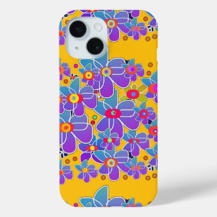 Blue Purple Flower Burst Yellow iPhone 15 Case
