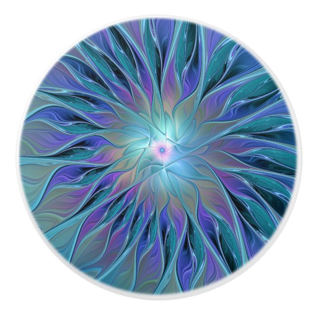 Blue Purple Flower Dream Abstract Fractal Art Ceramic Knob (Front)