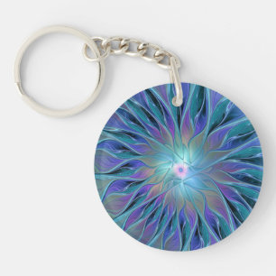 Blue Purple Flower Dream Abstract Fractal Art Key Ring