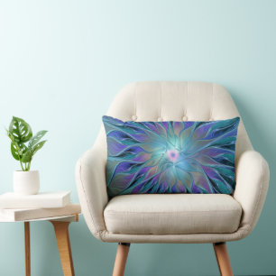Blue Purple Flower Dream Abstract Fractal Art Lumbar Cushion
