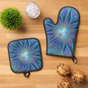 Blue Purple Flower Dream Abstract Fractal Art Oven Mitt & Pot Holder Set
