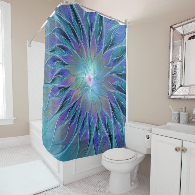 Blue Purple Flower Dream Abstract Fractal Art Shower Curtain (In Situ)