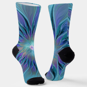 Blue Purple Flower Dream Abstract Fractal Art Socks