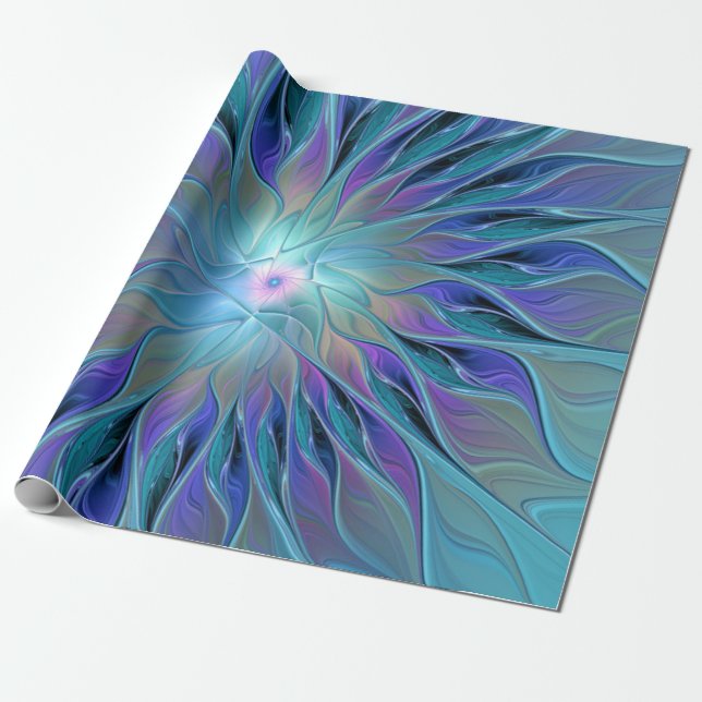 Blue Purple Flower Dream Abstract Fractal Art Wrapping Paper (Unrolled)