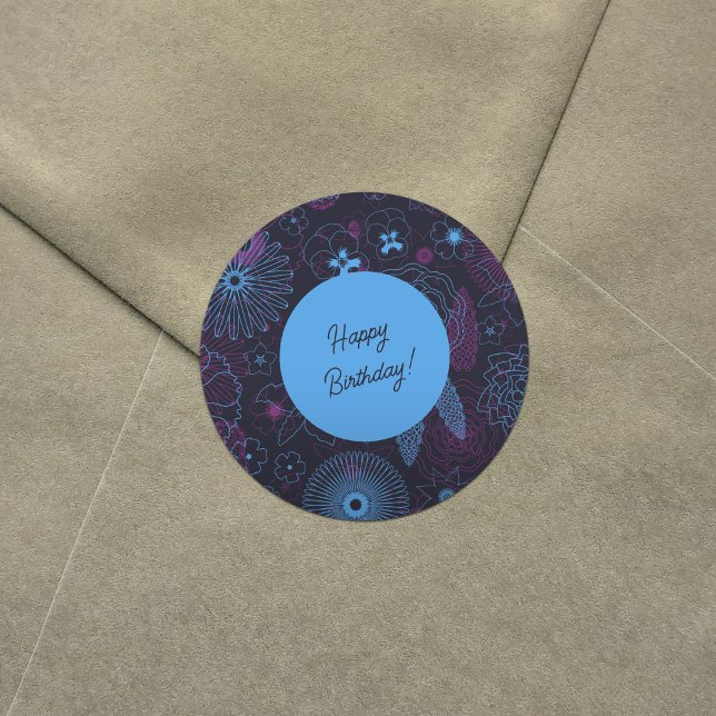 Blue & Purple Flowers Elegant Outline Pattern Classic Round Sticker (Creator Uploaded)