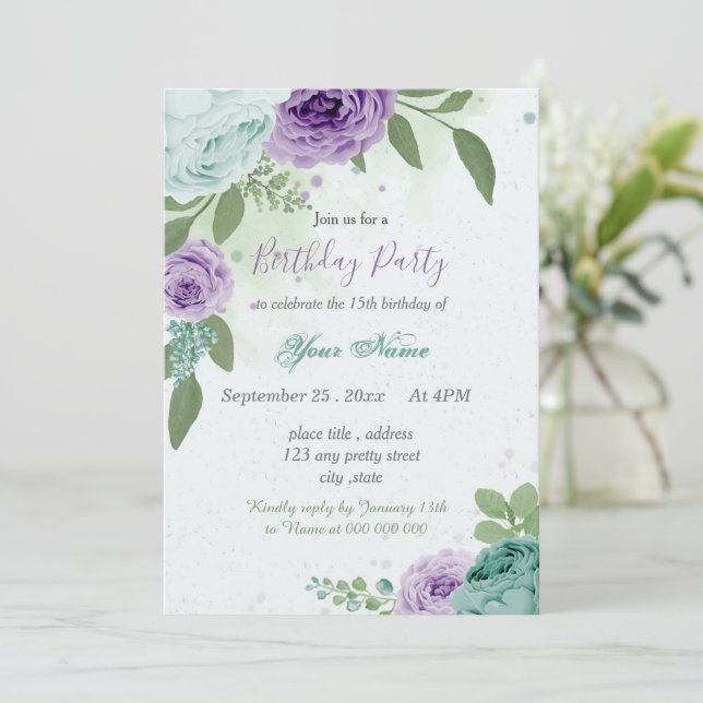 blue purple flowers green leaves birthday invitation (Standing Front)