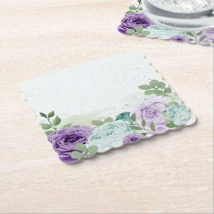 blue purple flowers greenery botanical paper coaster