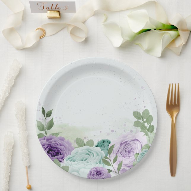 blue purple flowers greenery botanical paper plate (Wedding)