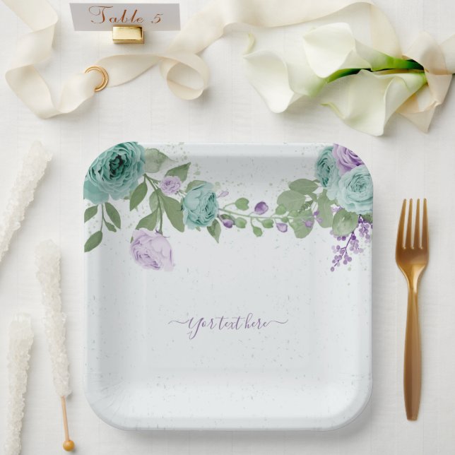 blue purple flowers greenery botanical paper plate (Wedding)
