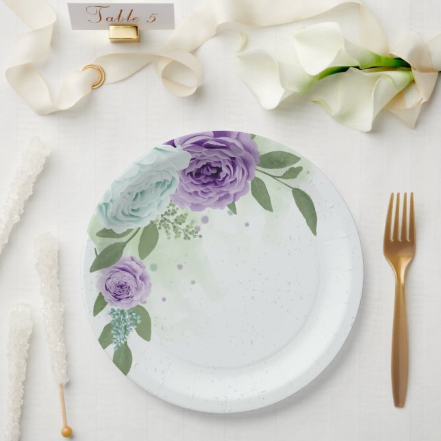 blue purple flowers greenery botanical paper plate (Wedding)