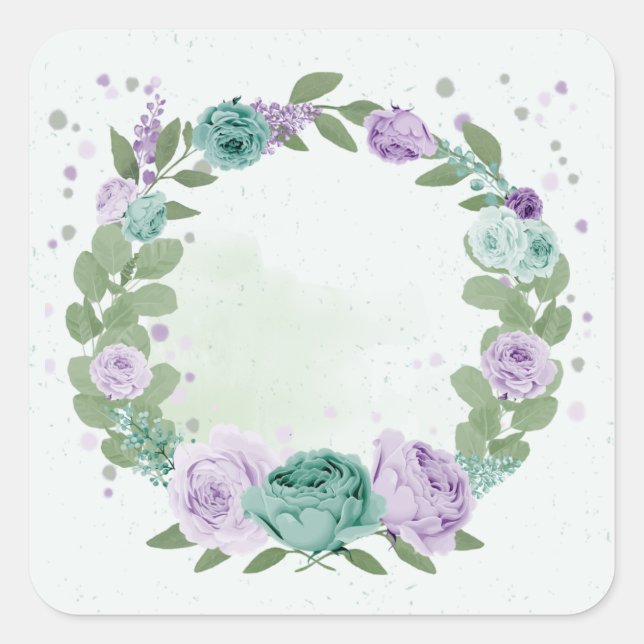 blue purple flowers greenery botanical square stic square sticker (Front)