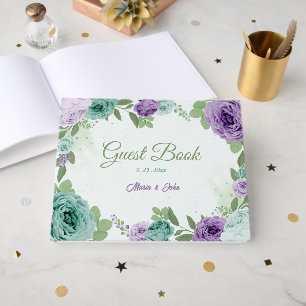 blue purple flowers greenery wedding guest book