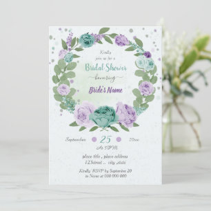 blue purple flowers greenery wreath bridal shower invitation