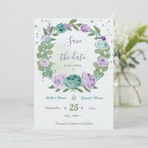 blue purple flowers greenery wreath save the date