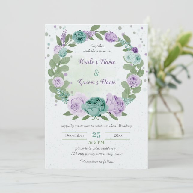 blue purple flowers greenery wreath wedding invitation (Standing Front)