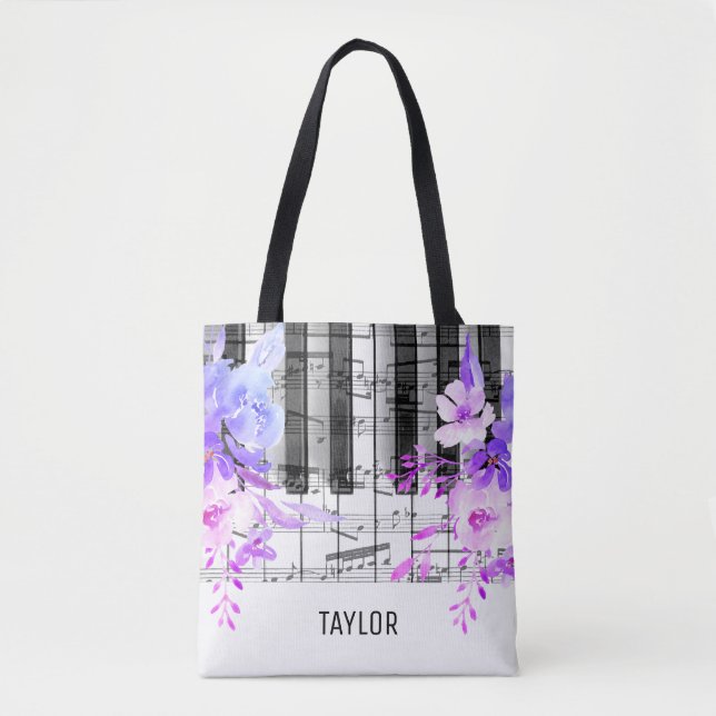 blue purple flowers music notes piano tote bag (Front)