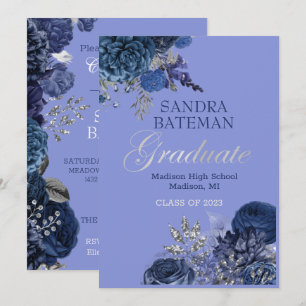 Blue Purple Flowers Silver Graduation Party Announcement