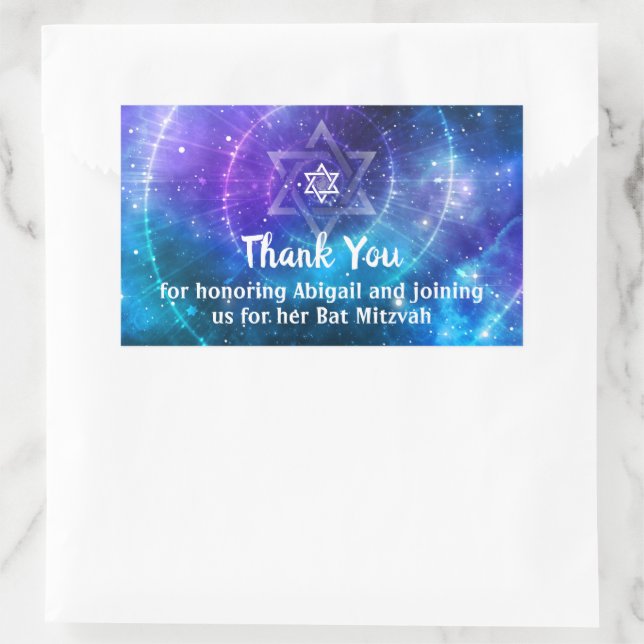 Blue Purple Galaxy Bat Bar Mitzvah Thank You Rectangular Sticker (Bag)