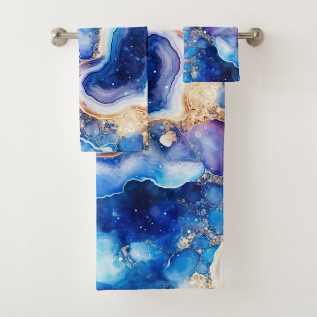 Blue Purple Geode Abstract with Beige Swirl Layers Bath Towel Set (Insitu)
