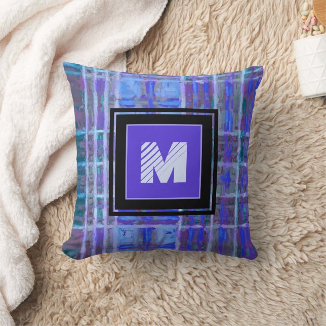 Blue Purple Geometric Watercolor Monogram  Cushion (Blanket)