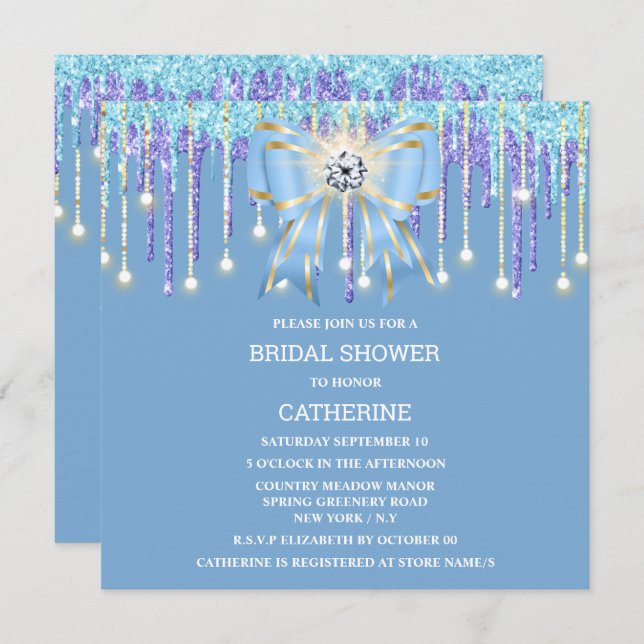 Blue purple glitter diamond bow shimmer lights invitation (Front/Back)