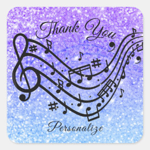 Blue Purple Glitter Music Thank You Personalised Square Sticker