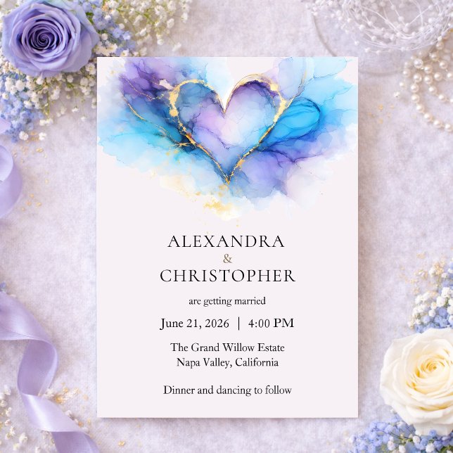Blue Purple Gold Abstract Heart Wedding Invitation (Creator Uploaded)