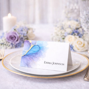 Blue Purple Gold Abstract Heart Wedding Place Card