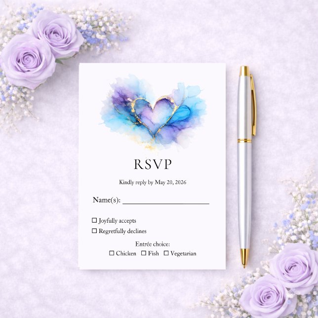 Blue Purple Gold Abstract Heart Wedding RSVP Card (Creator Uploaded)