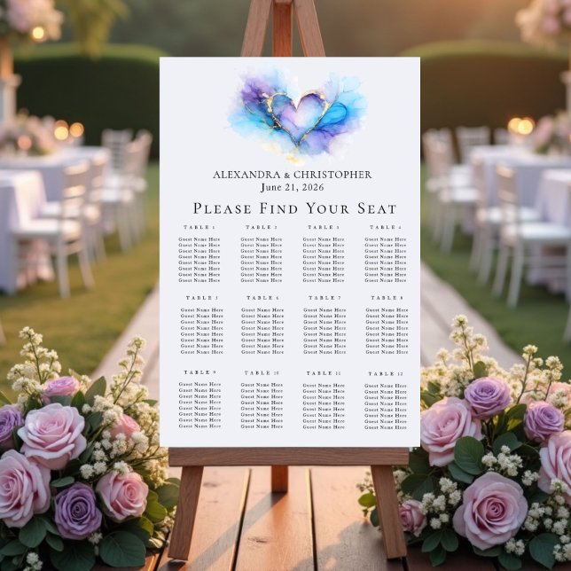 Blue Purple Gold Abstract Heart Wedding Seating  Acrylic Sign (Creator Uploaded)