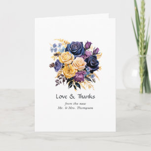 Blue, Purple, Gold, and Black Floral Wedding Thank You Card