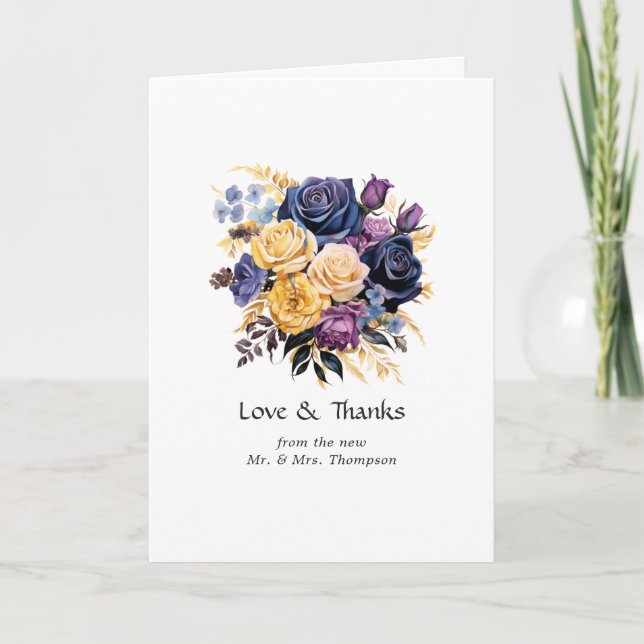 Blue, Purple, Gold, and Black Floral Wedding Thank You Card (Front)