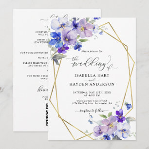Blue Purple Gold Floral All In 1 QR Code Wedding Invitation