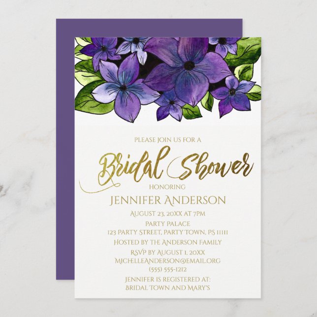 Blue Purple Gold Floral Bouquet Bridal Shower Invitation (Front/Back)