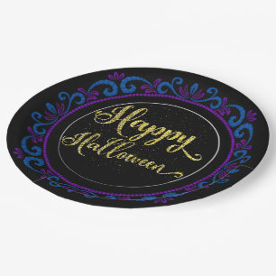 Blue Purple Gold Glitter On Black Happy Halloween Paper Plate