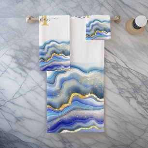 Blue Purple Gold Marble Personalised Bath Towel Set