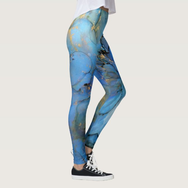blue purple gold marble stone abstract scifi  leggings (Right)