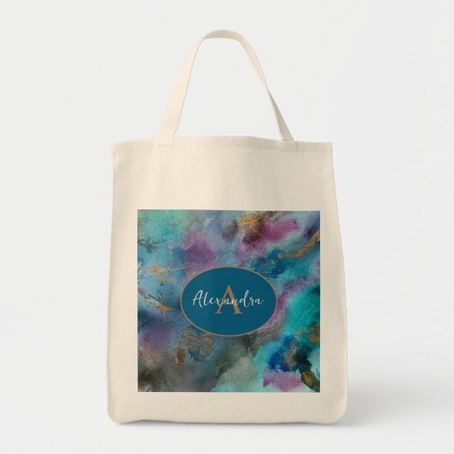 Blue Purple Gold Watercolor Abstract Personlized Tote Bag (Front)