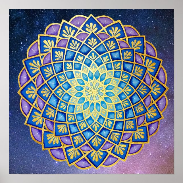 Blue Purple Golden Flower Mandala Galaxy Poster (Front)