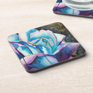 Blue purple gothic watercolor rose art coaster